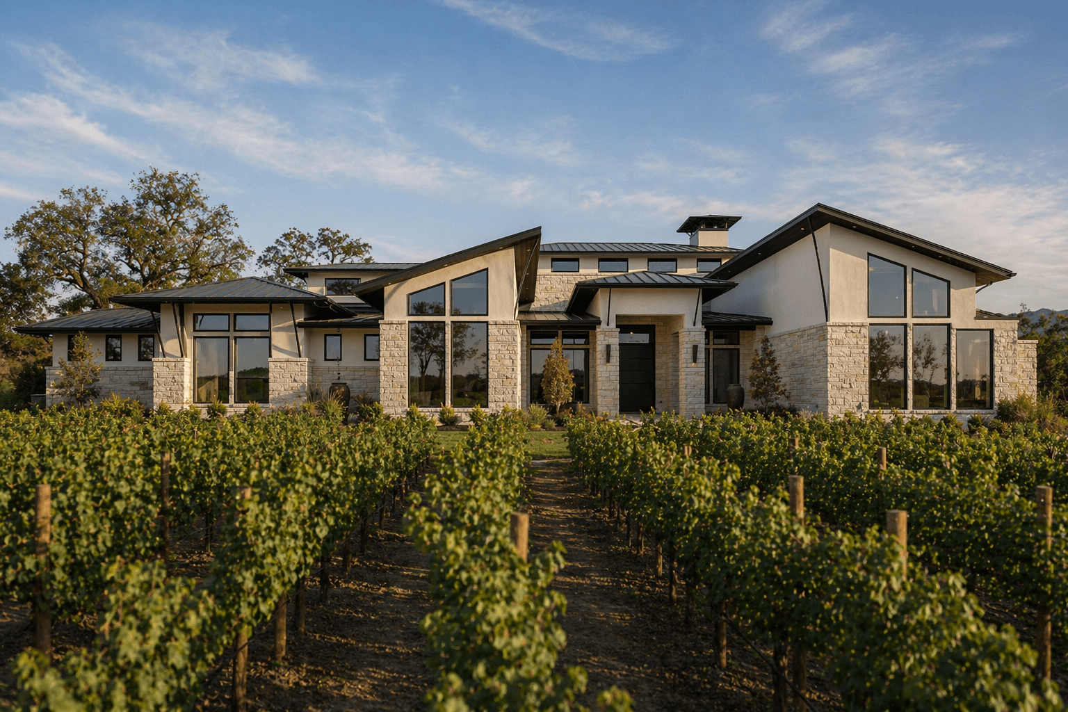 The Cabernet Franc - modern Hill Country residence framed by vineyards