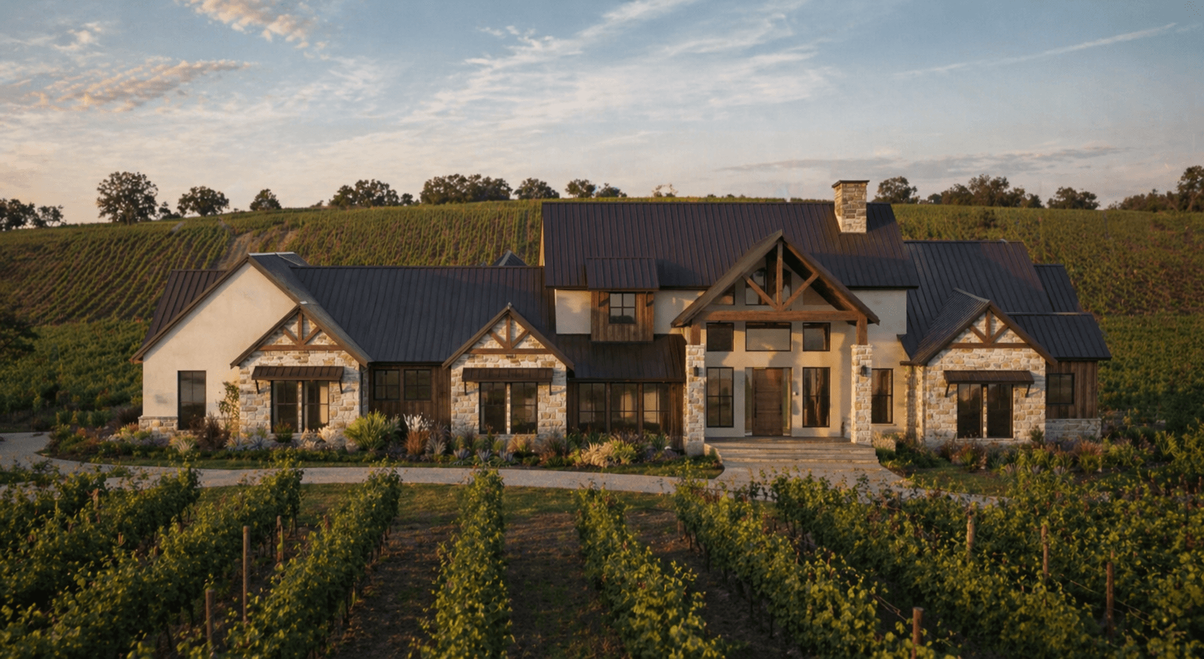 The Tannat - Hill Country residence exterior render at sunset