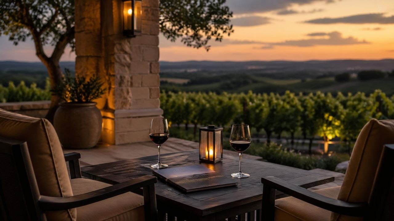 Twilight terrace setting with wine glasses overlooking the Hill Country vineyards