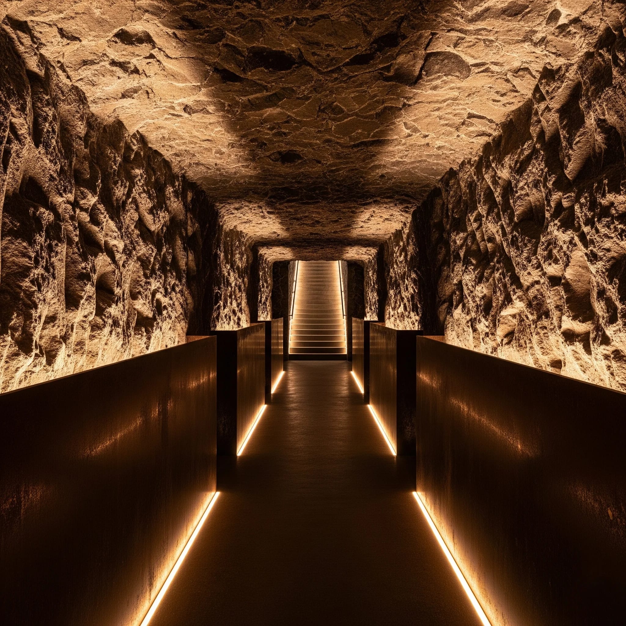Lit tunnel entrance to the Puerta del Lobo wine cave