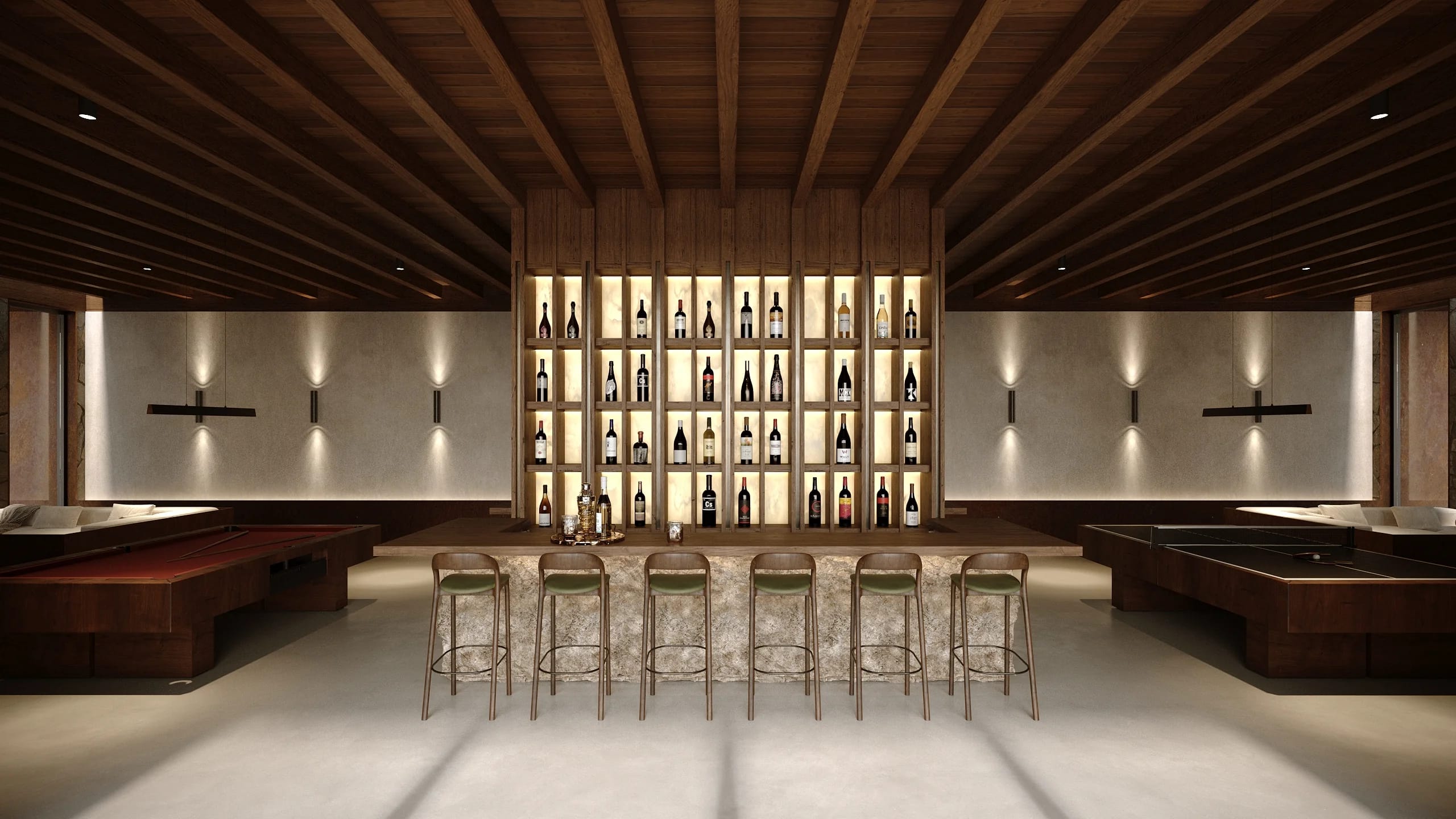 Clubhouse tasting bar with backlit bottle display