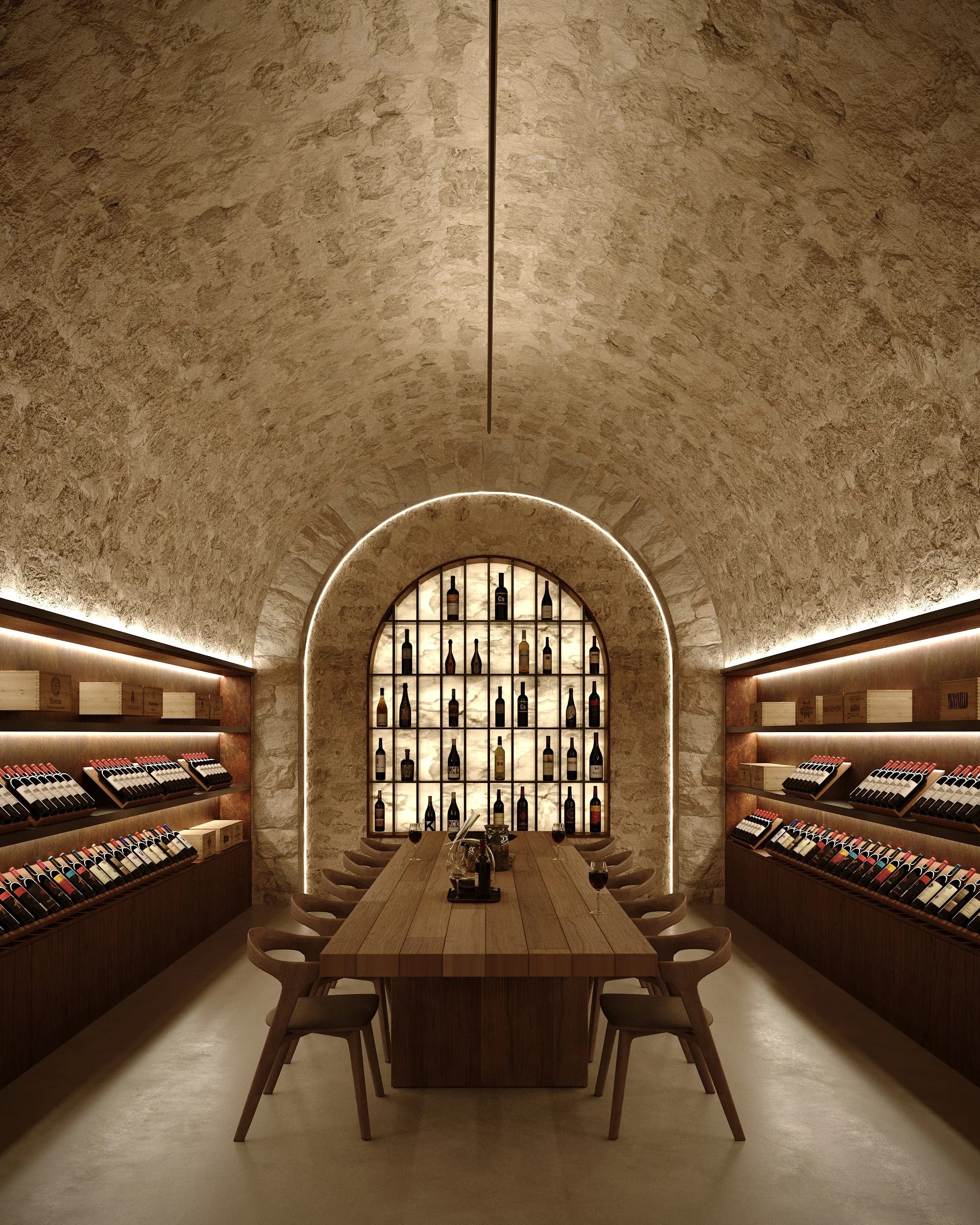 Stone-vaulted private wine cellar with dining table
