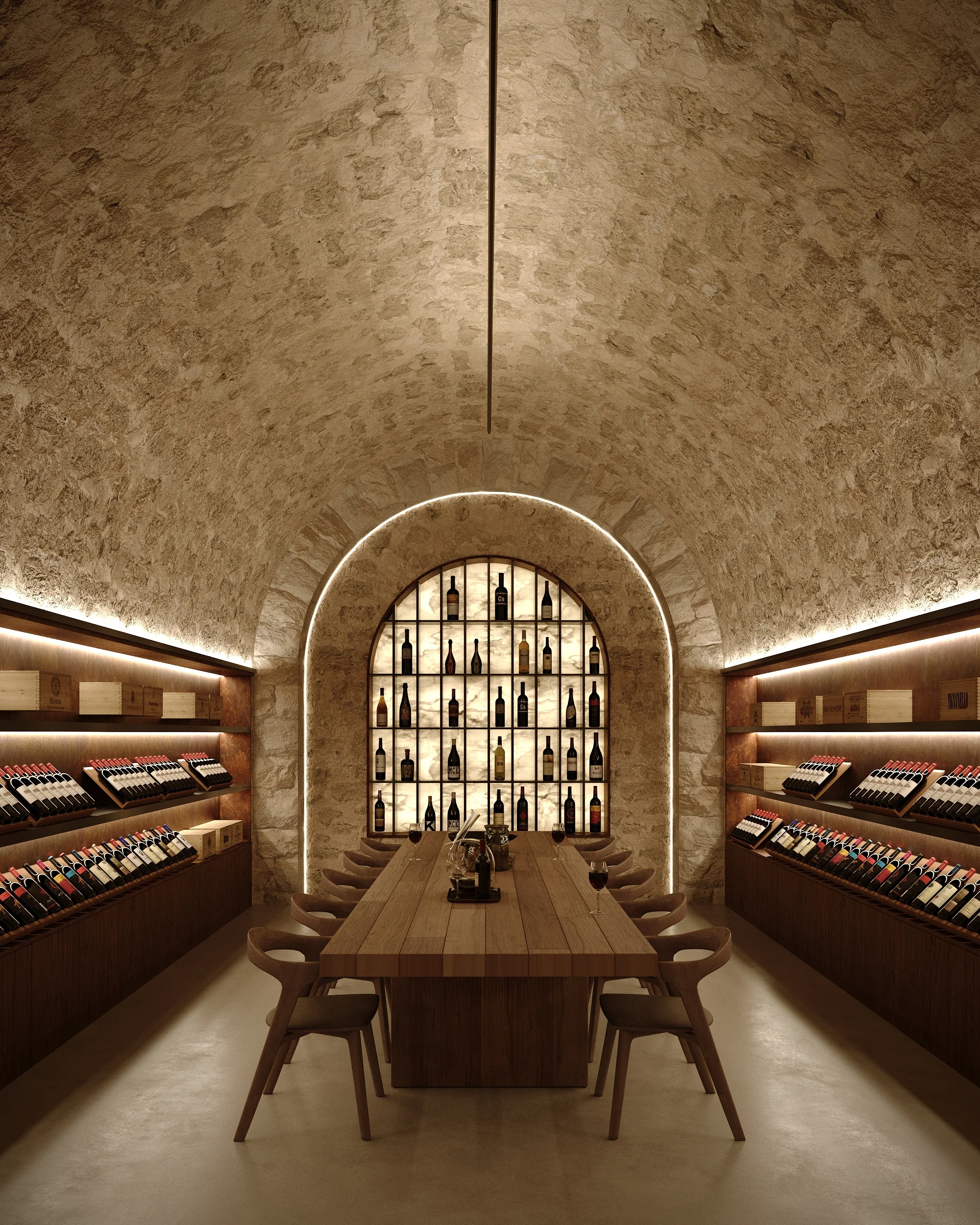 Private wine cellar with arched bottle display and dining table