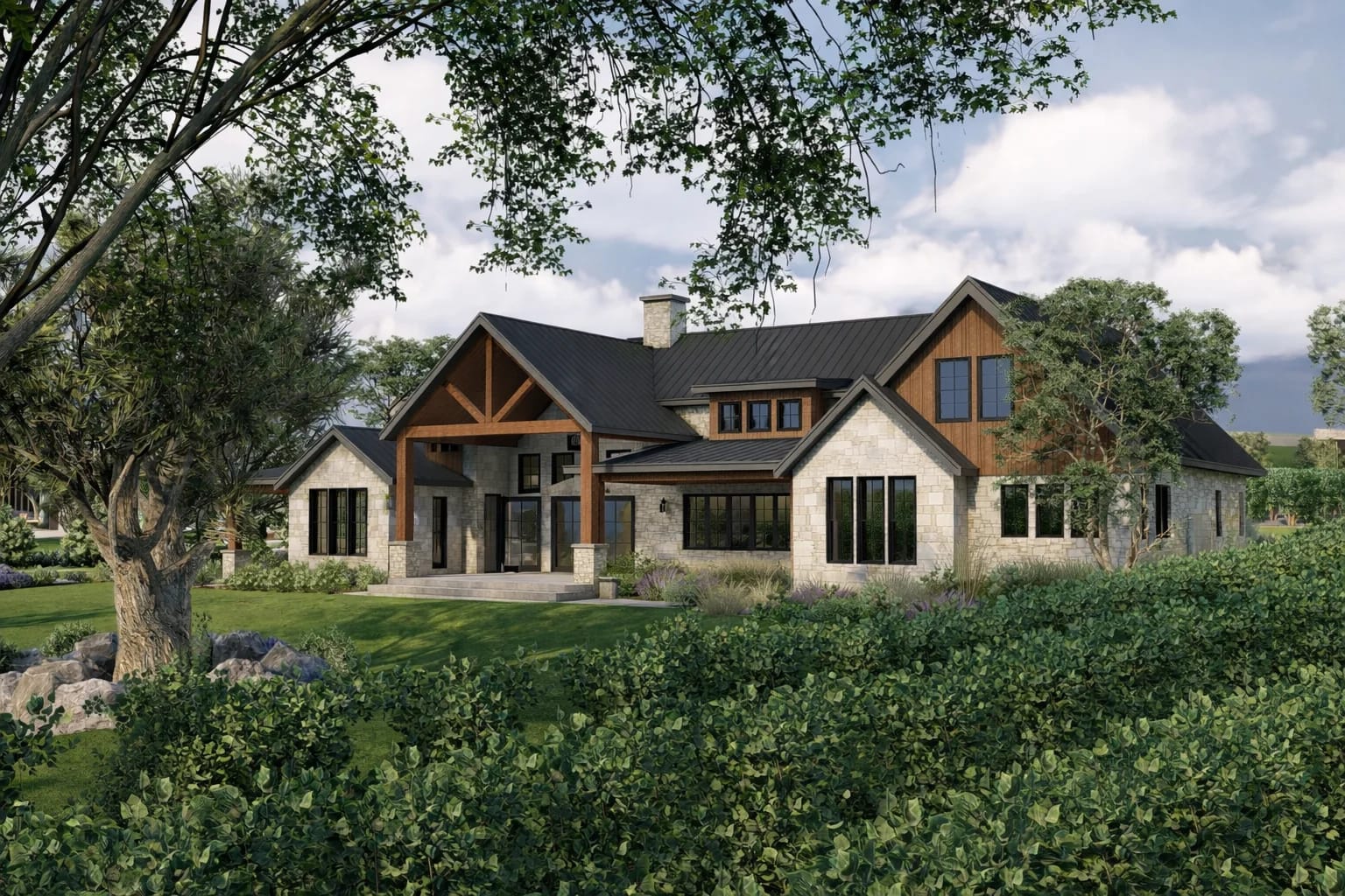 Hill Country residence rear elevation framed by vineyards at dusk