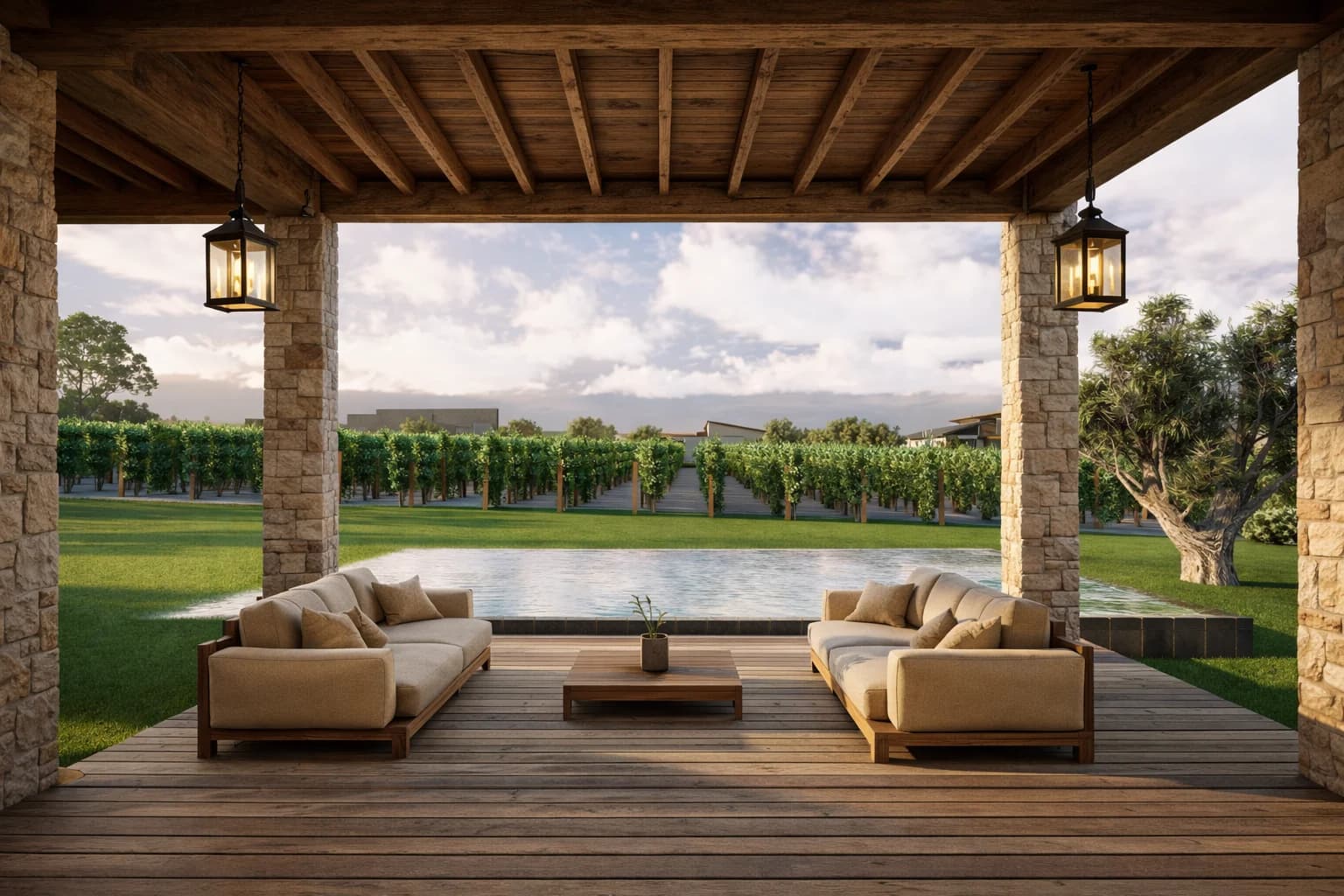 Covered terrace at a Puerta del Lobo residence overlooking the vineyard