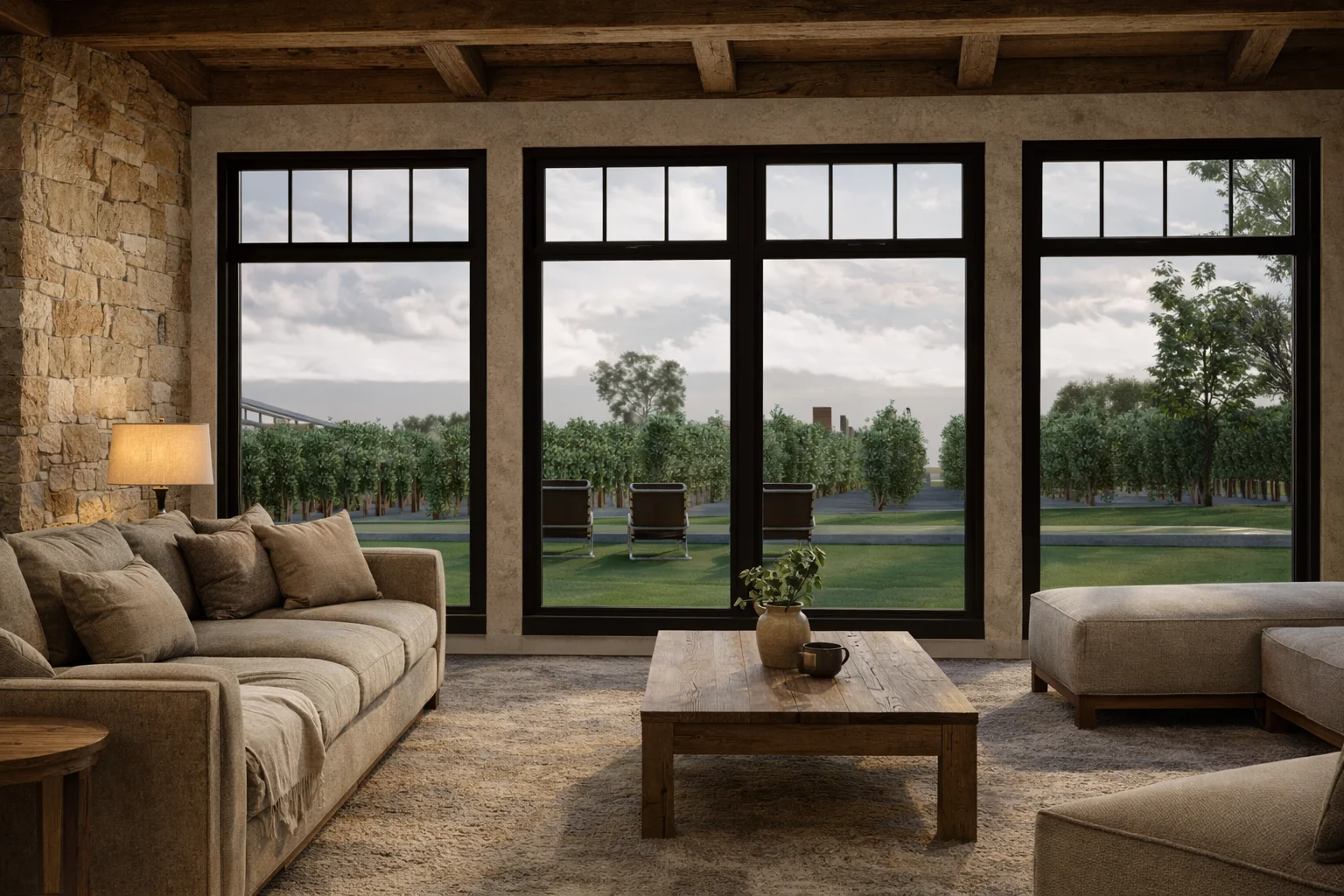 Living room of a Puerta del Lobo residence framing the vineyard