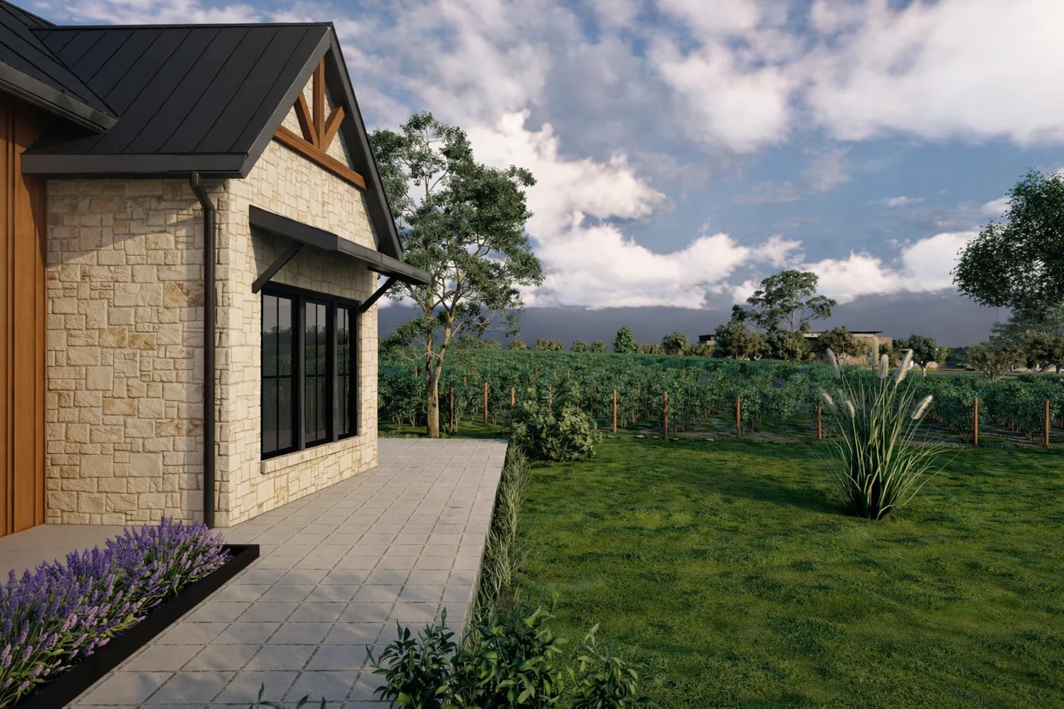 Hill Country residence side elevation framed by vineyards